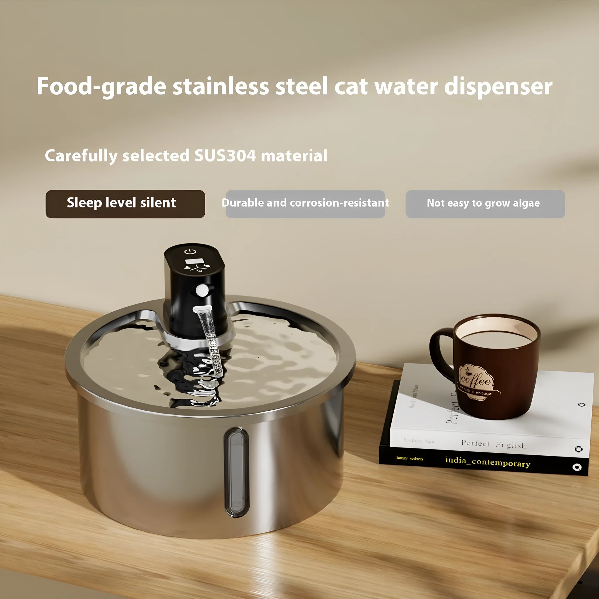 White or black stainless steel pet water fountain with heating base and circulation pump