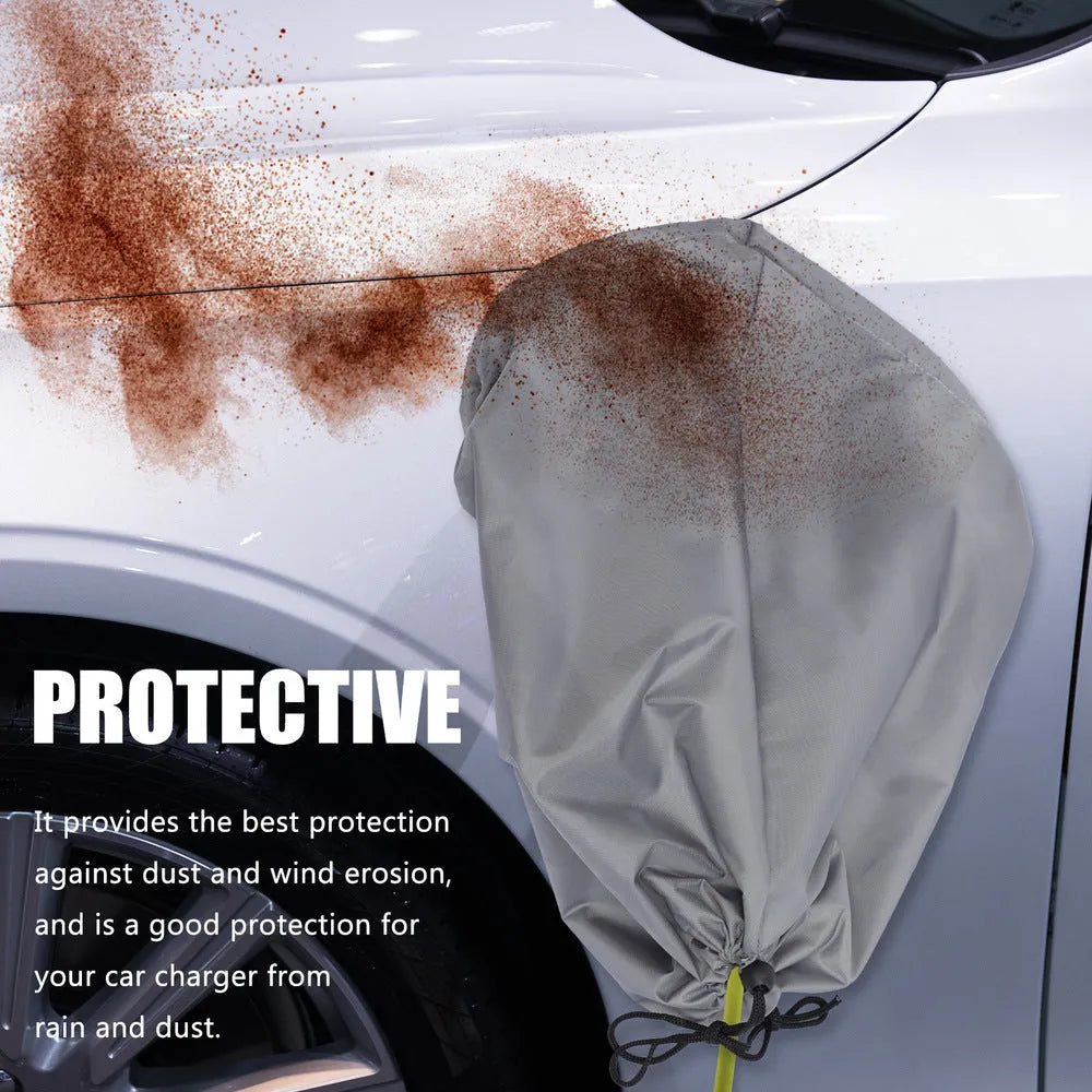 Grey waterproof drawstring cover for electric vehicle charging port protection