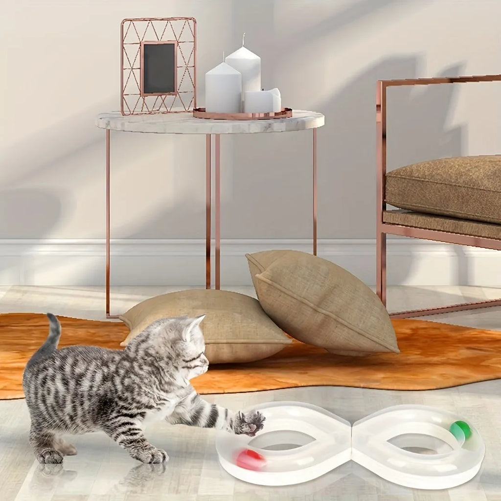 Blue and white interactive cat toy turntable with ball track and teasing stick on floor