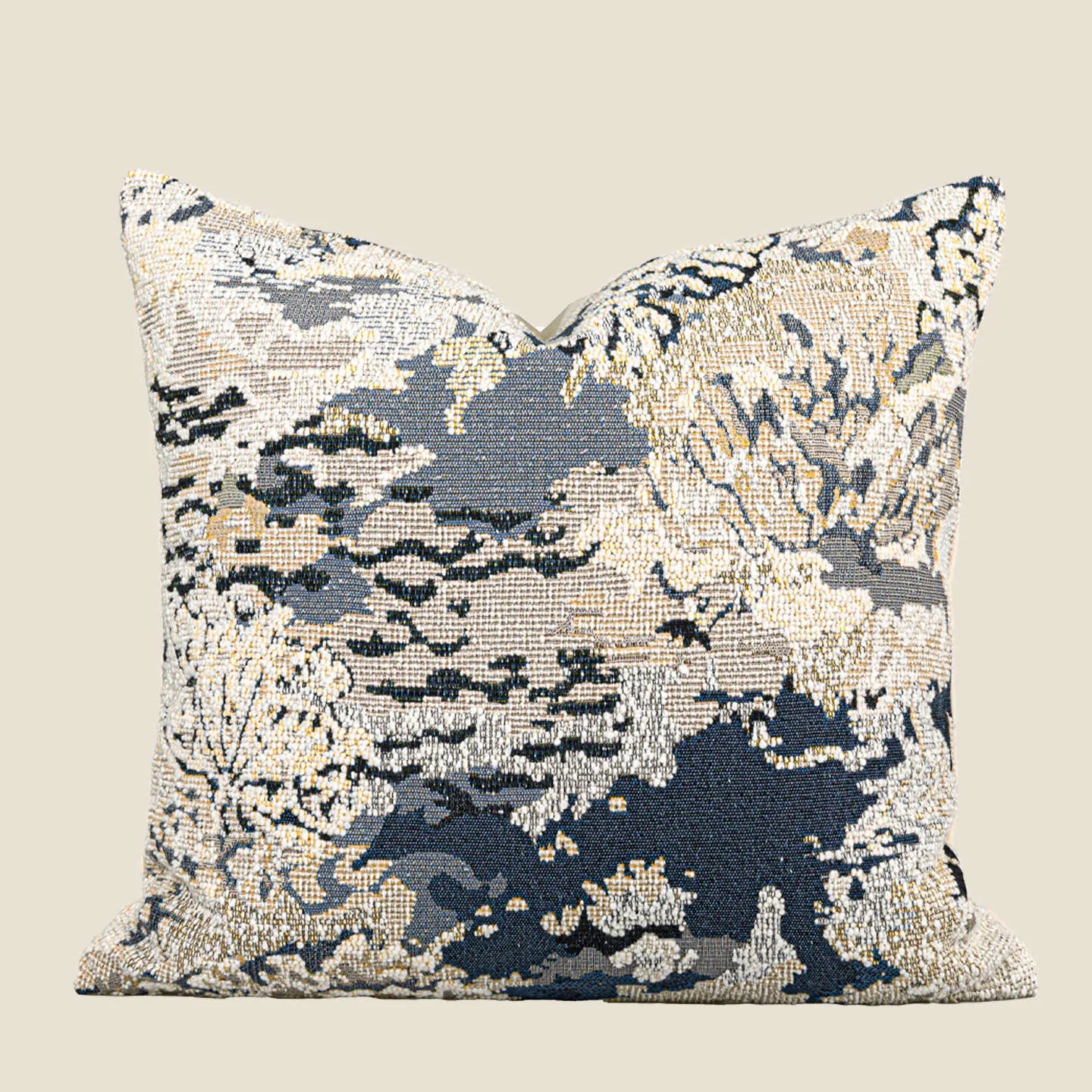Blue floral pattern decorative pillow with feather velvet fill in wool blend cover.