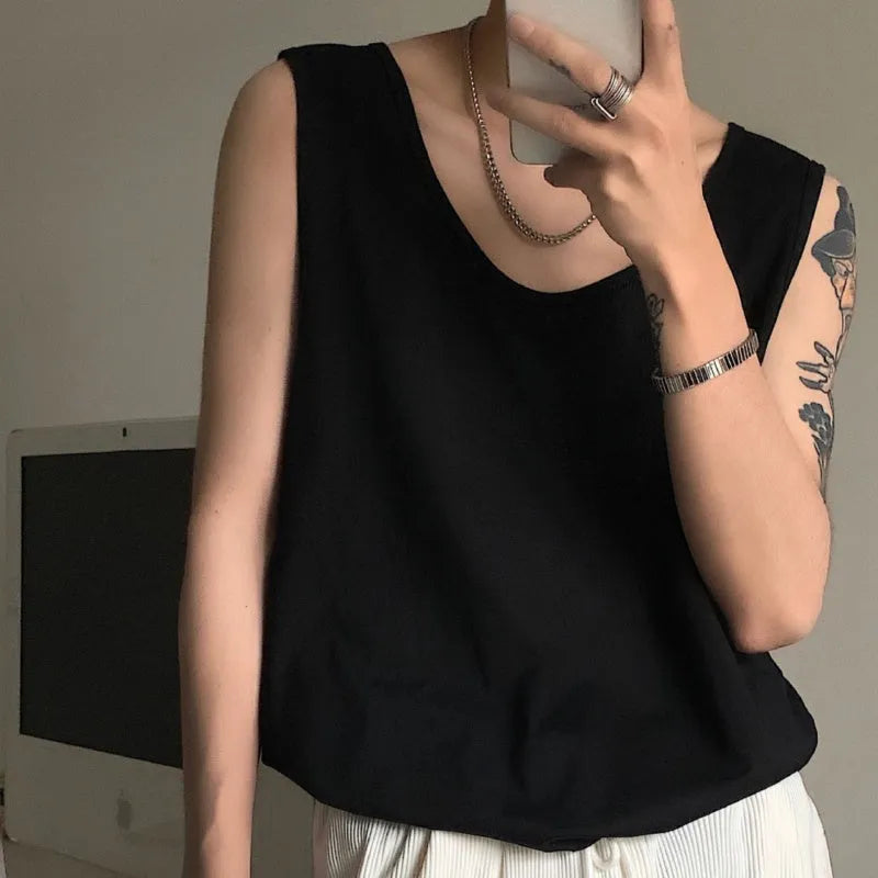 Sleeveless vest casual loose fit solid colour polyester blend summer cover-up black