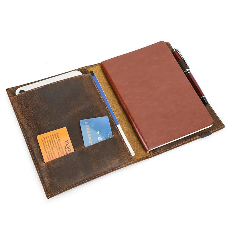 Brown Crazy Horse leather A5 notebook protective sleeve with square socket design.