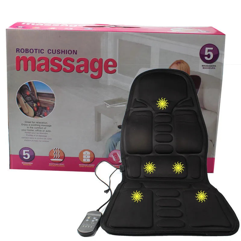 Black electric heating and massage mat seat cushion with infrared physiotherapy function.