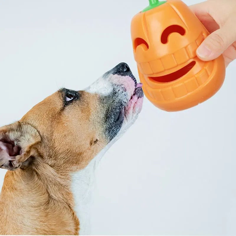 Yellow pumpkin-shaped TPR dog chew toy for aggressive chewers, 8.6x11.5cm