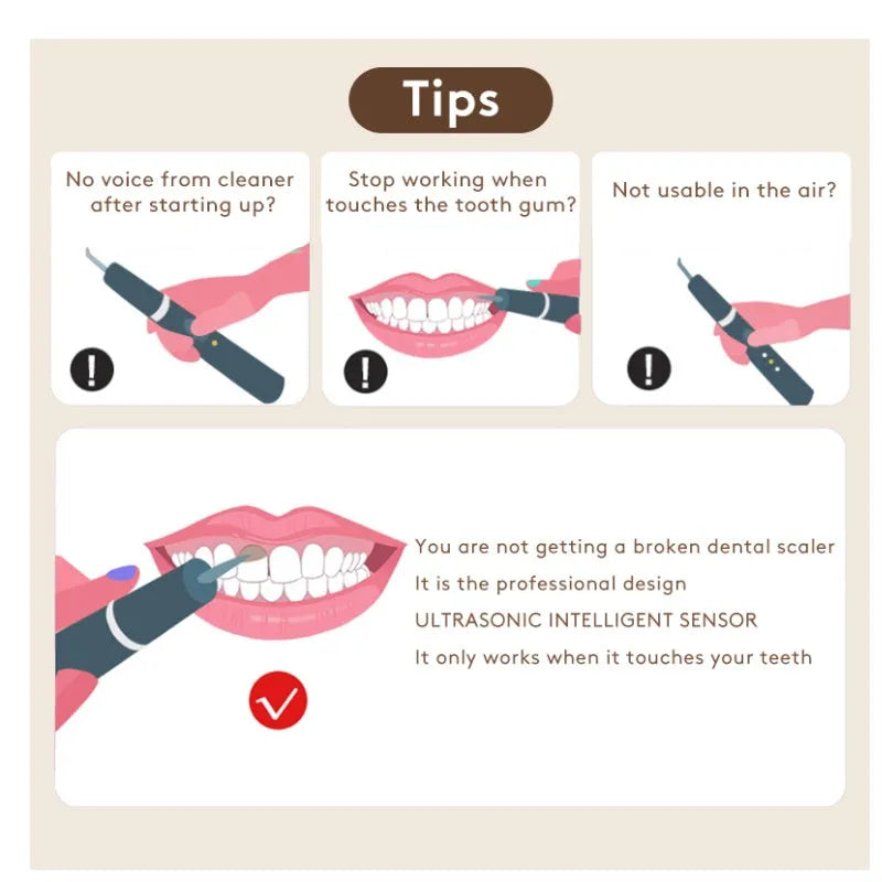 Gold-coloured ultrasonic tooth cleaning device for tartar and stain removal