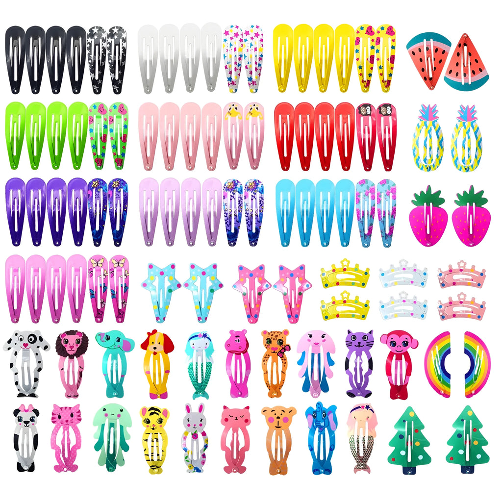 100-piece metal snap hair clips set showing assorted candy colours and cartoon designs including animals, fruits, crowns, and stars