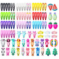 100-piece metal snap hair clips set showing assorted candy colours and cartoon designs including animals, fruits, crowns, and stars