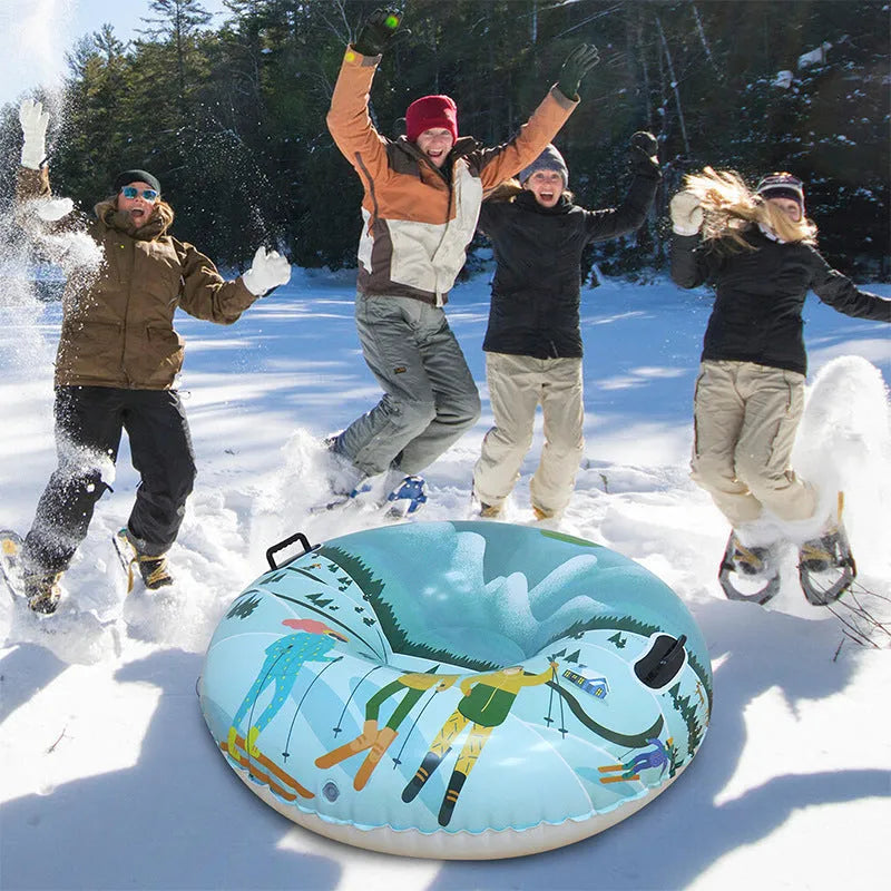 Outdoor creative printed PVC winter thick ski ring toy in red, blue, and snow mountain designs.