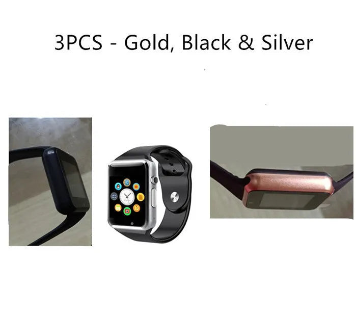 A1 Smart Watch in various colours with 1.54-inch screen, GSM SIM slot, and camera for Android phones.