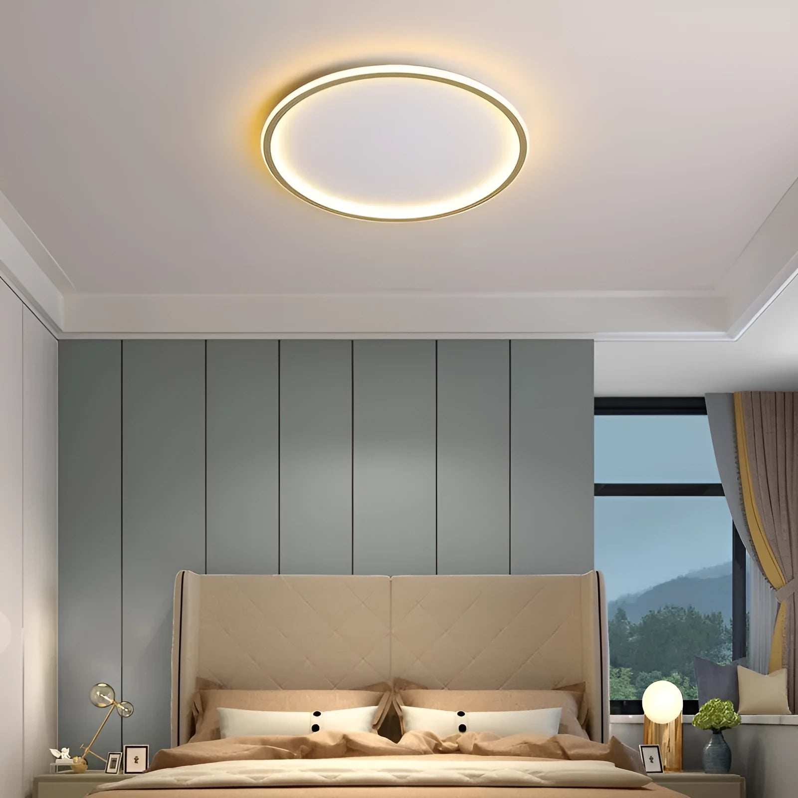 Minimalist round ceiling lamp in black finish with dimmable LED lighting for a bedroom.