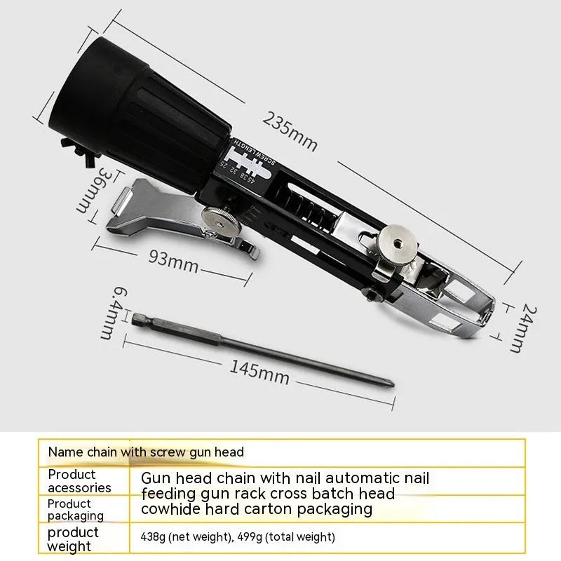 Chain screw gun head electric screwdriver with automatic nail gun function and attachments