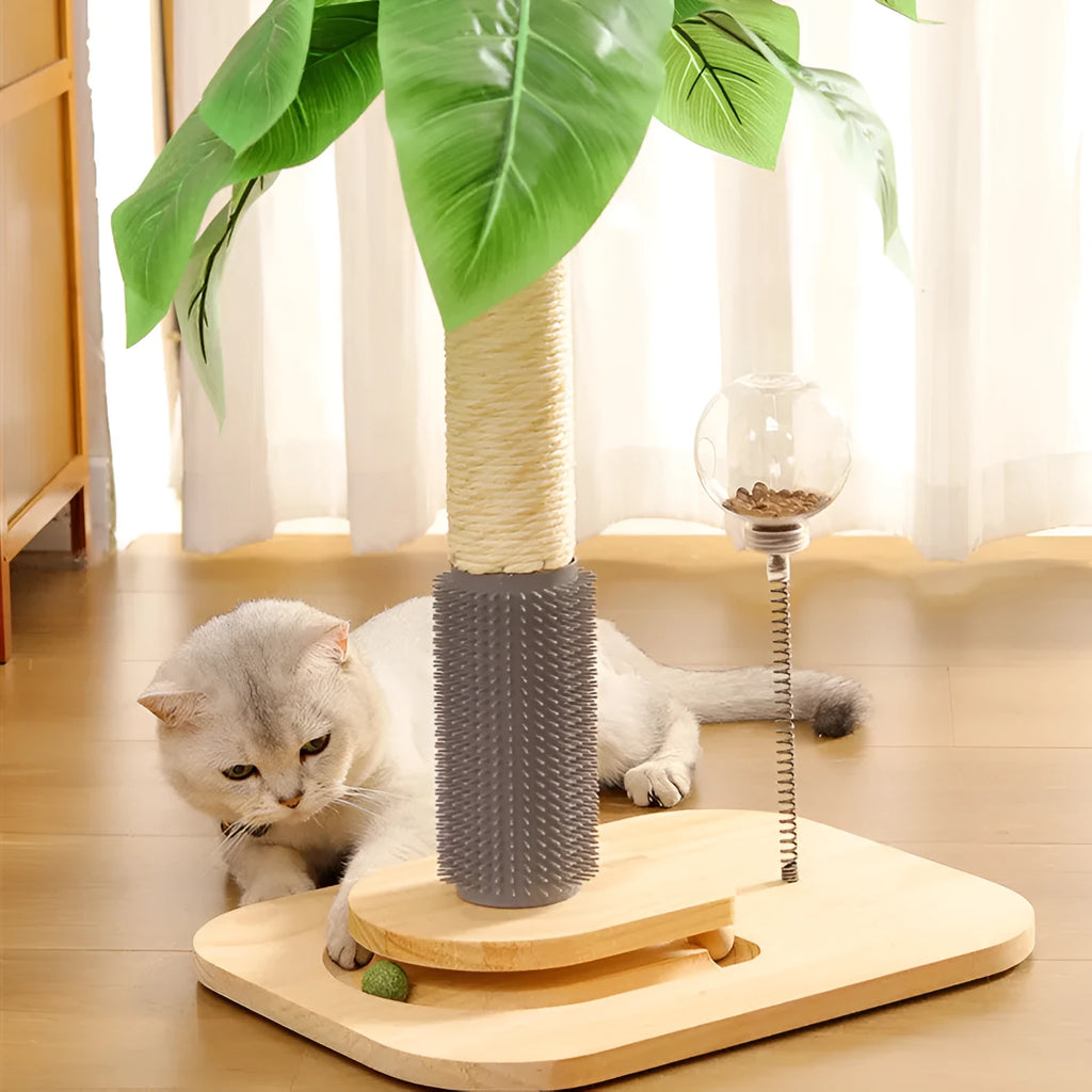 Wooden vertical cat scratching post with canna-coloured centre column and a built-in food drop ball.