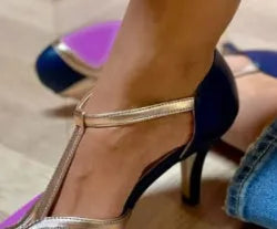 Round toe high heel shoes in light blue pink, blue rose red, and wine red black colours on a white background.
