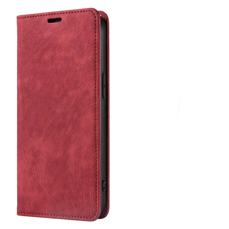 Genuine leather magnetic flip phone case for iPhone showing closed position with magnetic closure