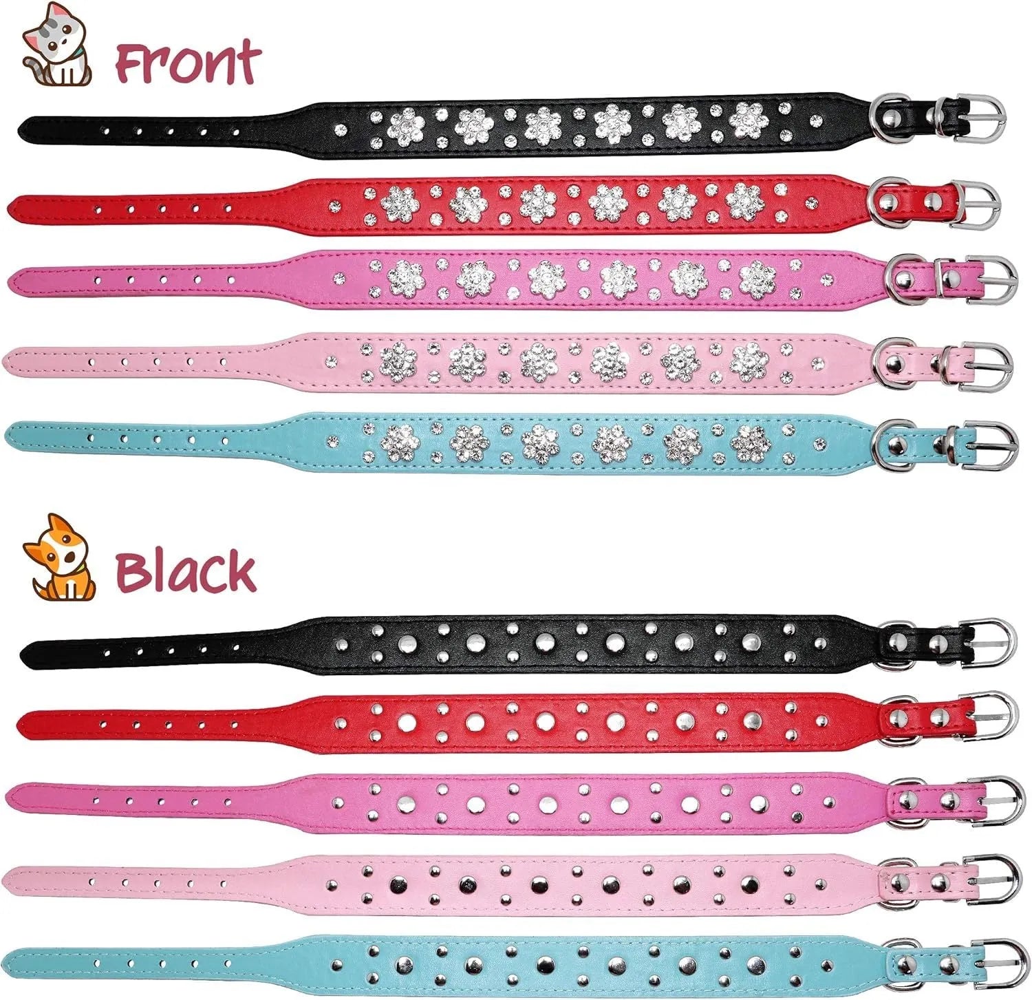 PU leather dog collar with rhinestone flower pattern and metal studs on a small dog