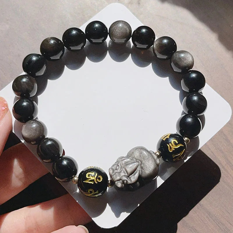 Men's silver stone bracelet with Chinese beaded design featuring zodiac symbols