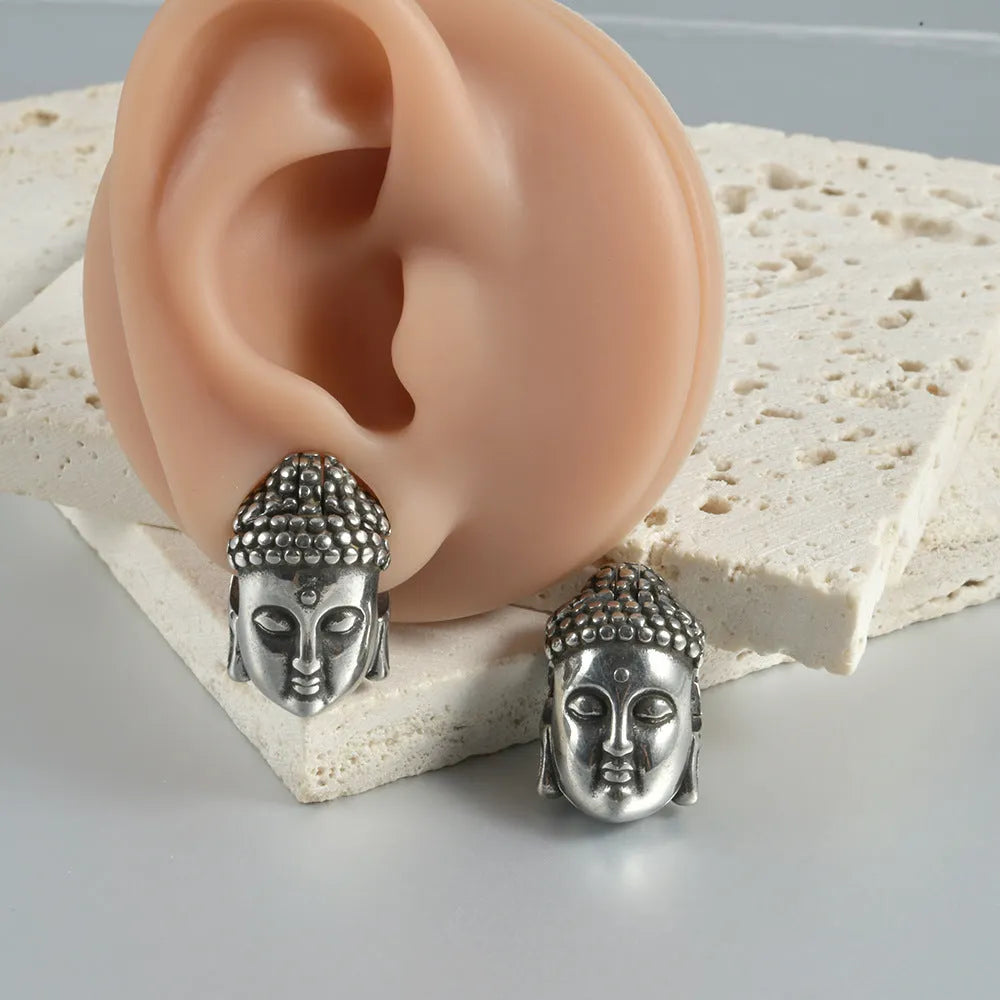 Stainless steel hollow skull Buddha earrings in electroplated colours for alternative hip hop fashion