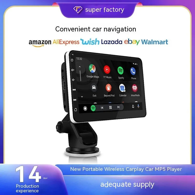 7 inch wireless CarPlay car GPS navigator with reversing camera on a universal suction cup bracket.