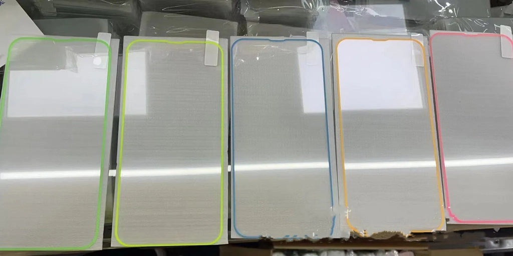 Fluorescent tempered glass iPhone screen protector in luminous colours showing full screen coverage