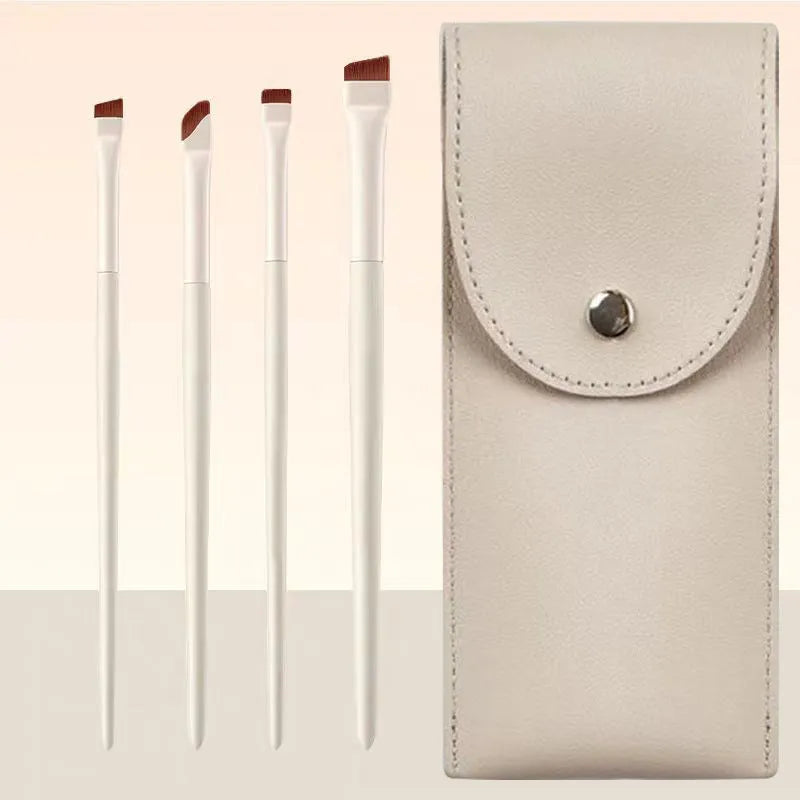 Four-piece angled eyeliner and brow brush set with ultra-thin tips and leather case for precision makeup application
