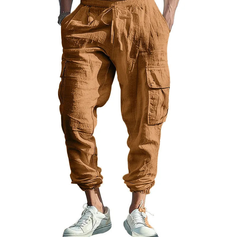 Men's linen trousers with ankle ties and multiple pockets in army green colour