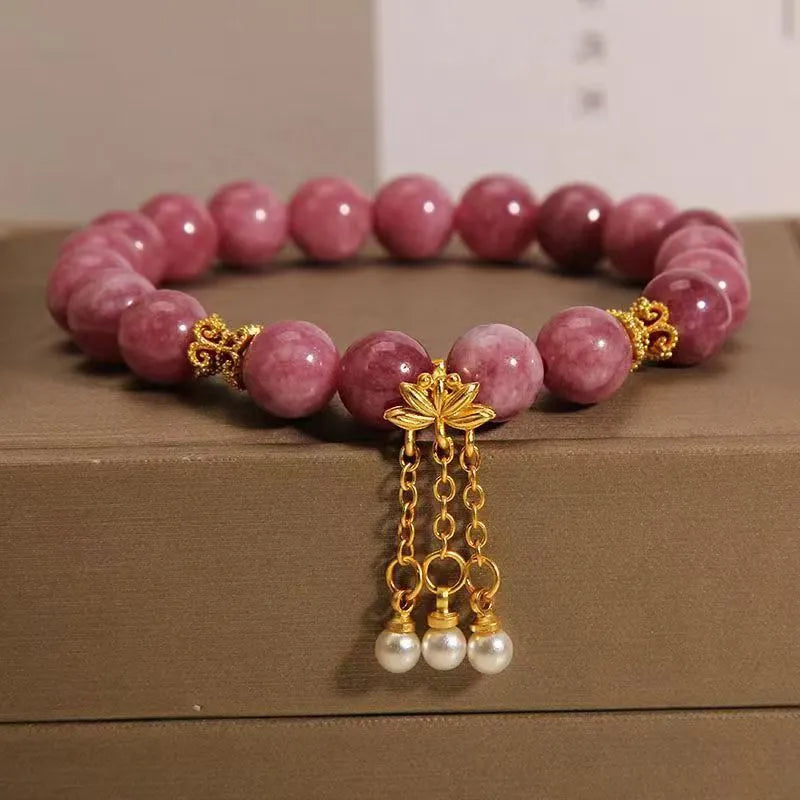 Pink lotus tassel natural stone beaded bracelet for women, New Chinese style.