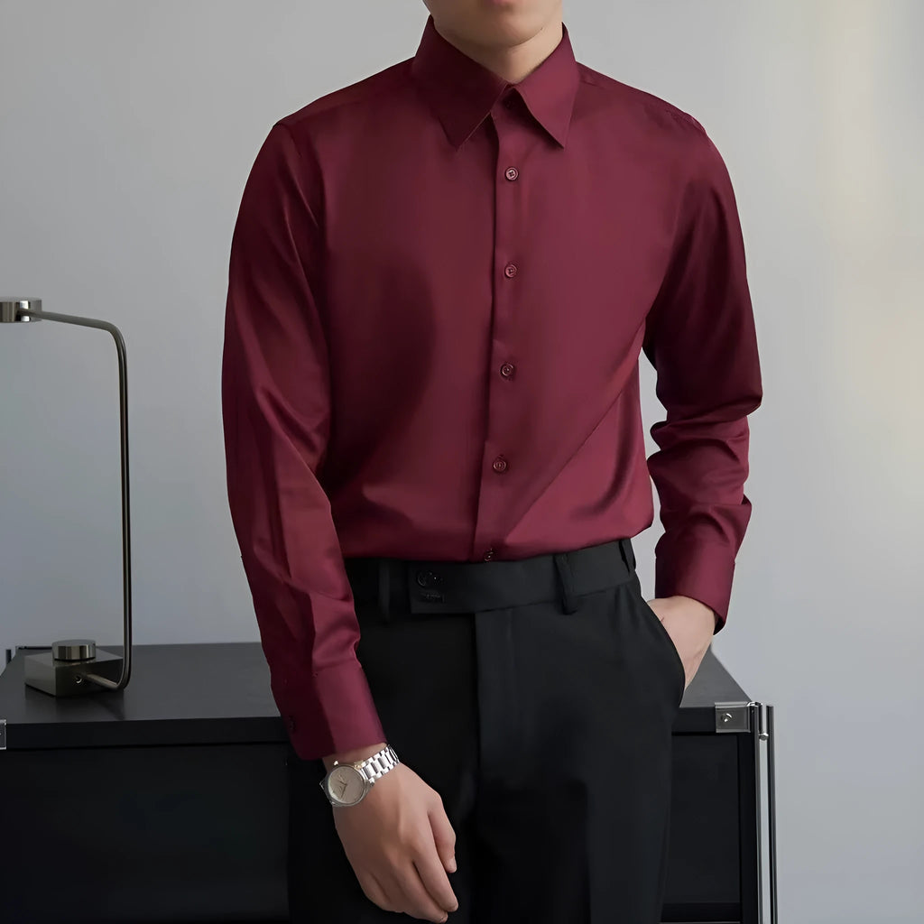 Korean style men's slim fit autumn shirt in black with Japanese retro design and long sleeves
