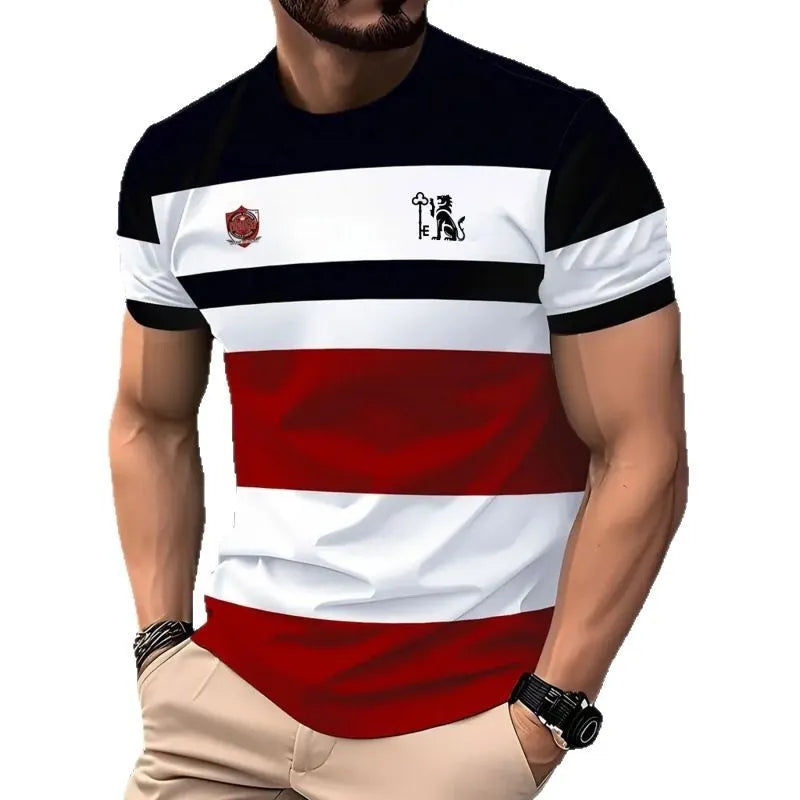 Men's striped short-sleeve T-shirt with digital 3D printing in loose business casual style