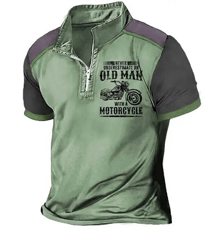 Men's casual polo shirt with lapel collar, digital letter printing, and zipper decorations on short sleeves.