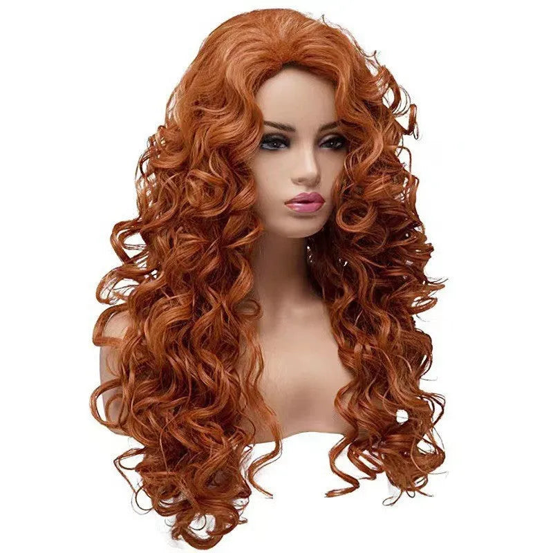 Brown long wavy curly cosplay wig with fluffy texture on a wig head.