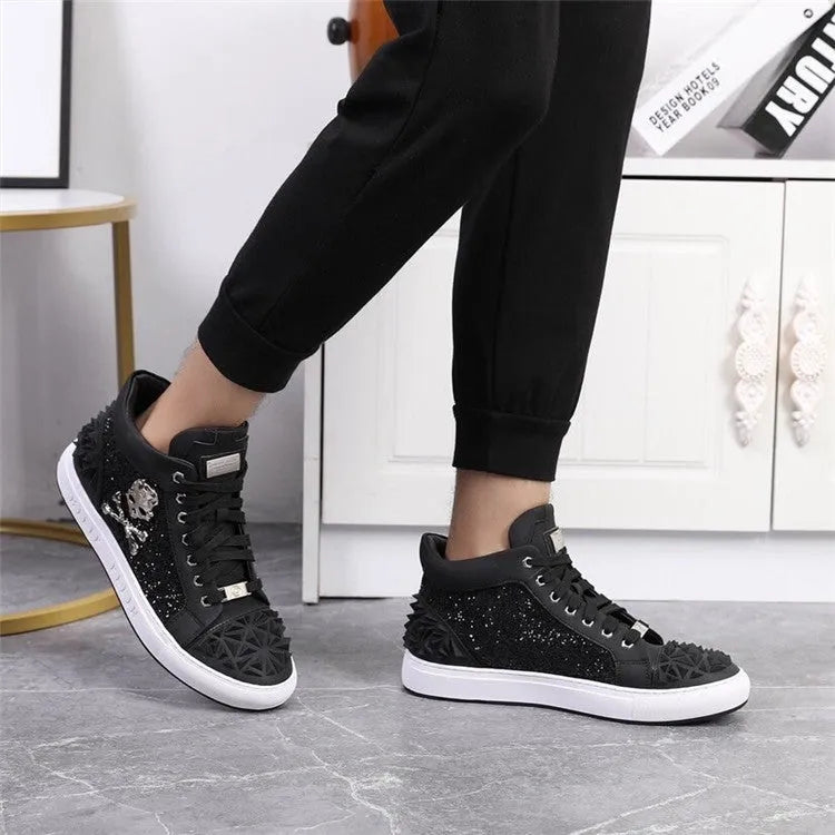 Men's black leather skeleton high-top shoes with lace-up front and rubber sole.