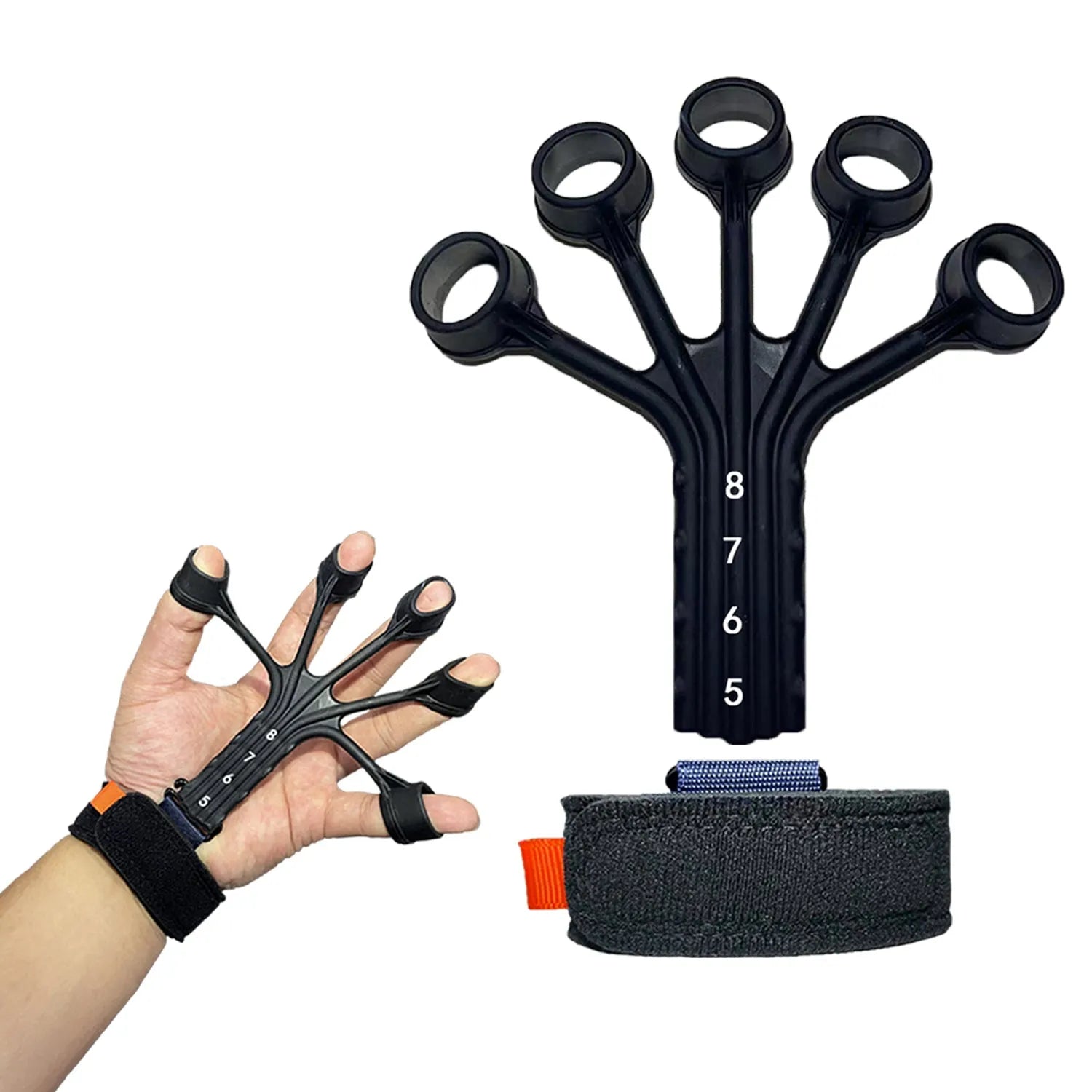 Black silicone finger flexion extension trainer with adjustable tension belt for hand rehabilitation