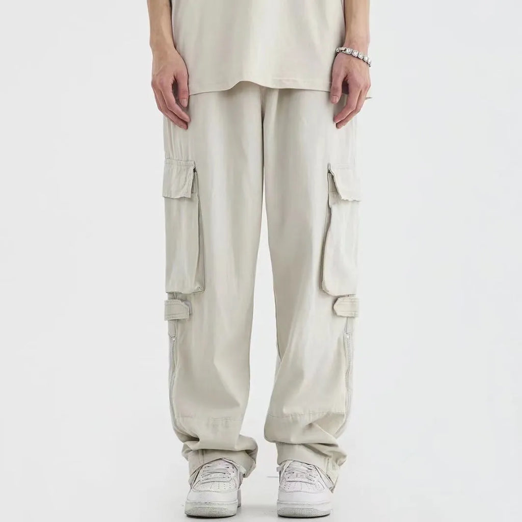 Men's cotton loose straight tube multi pocket cargo pants in Black and Apricot