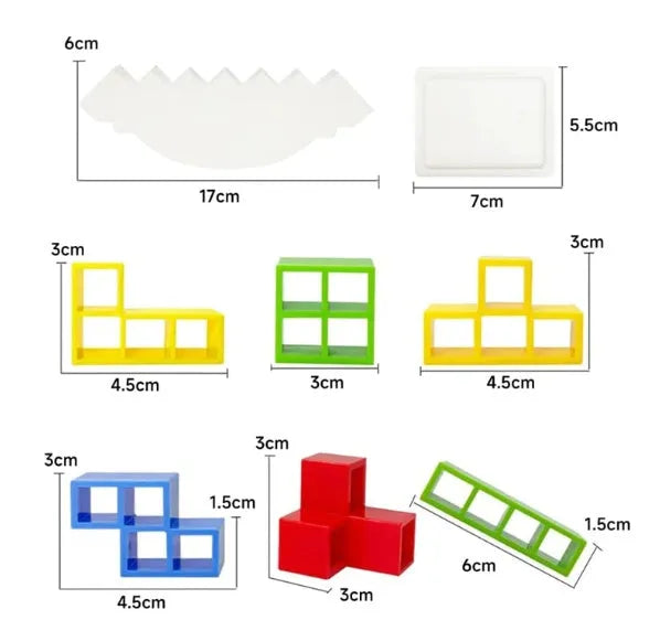 Plastic balance stacking game with coloured blocks on chassis for family play