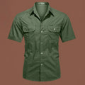 Men's army green cotton short sleeve work shirt with a loose fit and non-iron finish.