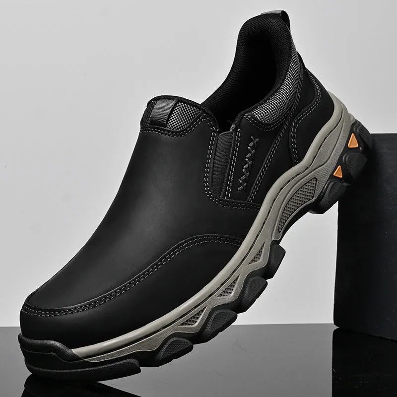 Men's dark brown casual leather-style shoes with round toe and flat rubber sole