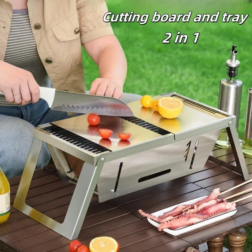 Small portable charcoal grill shown in folded and unfolded positions for outdoor cooking