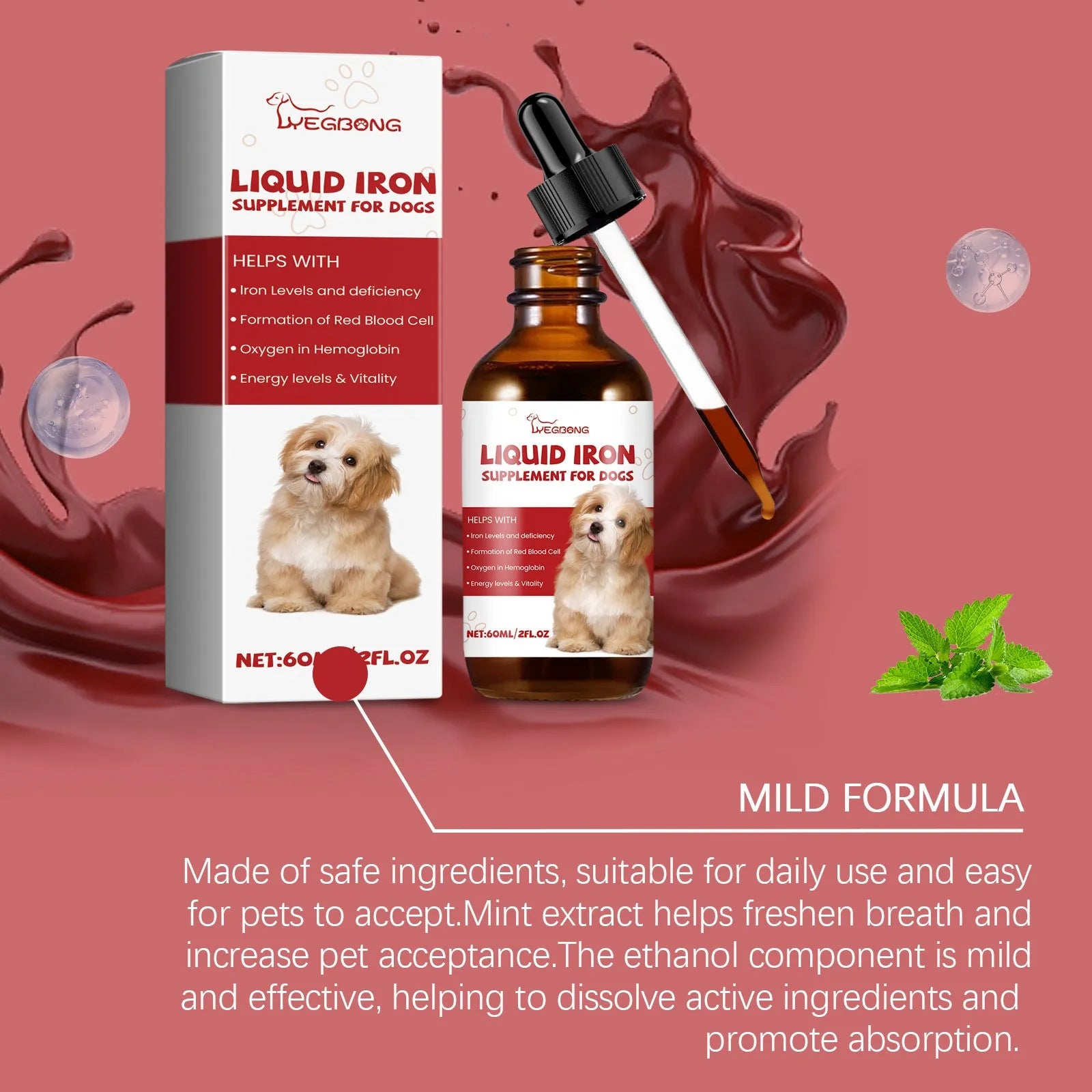 Pet dog syrup care supplement 60ml mint extract with product bottle and packaging