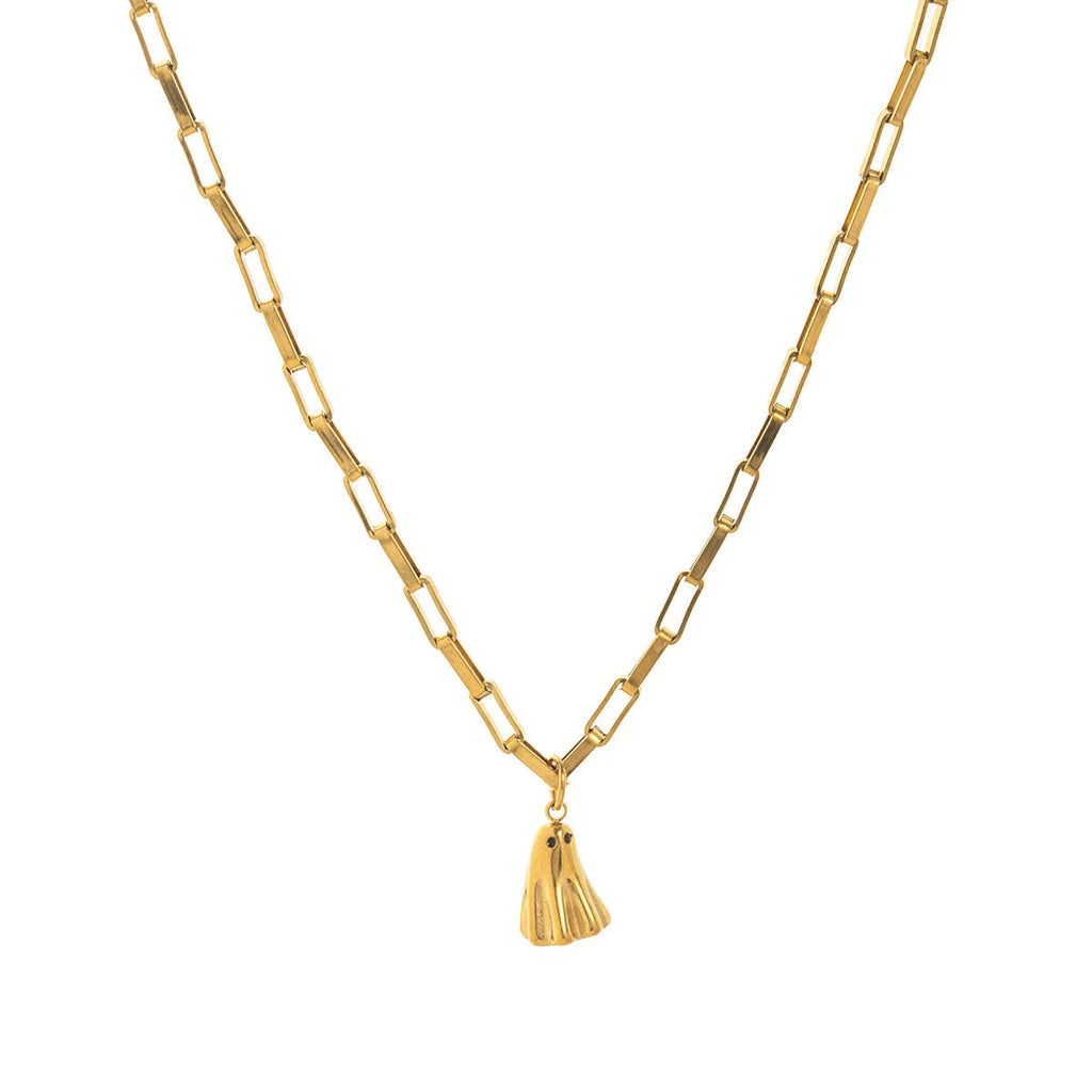A ghost-themed pendant necklace on a twisted stainless steel chain, showing the titanium steel pendant detail.
