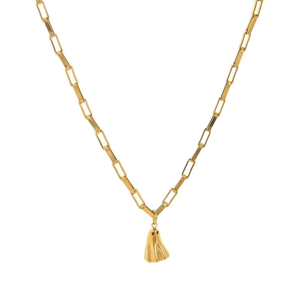 A ghost-themed pendant necklace on a twisted stainless steel chain, showing the titanium steel pendant detail.