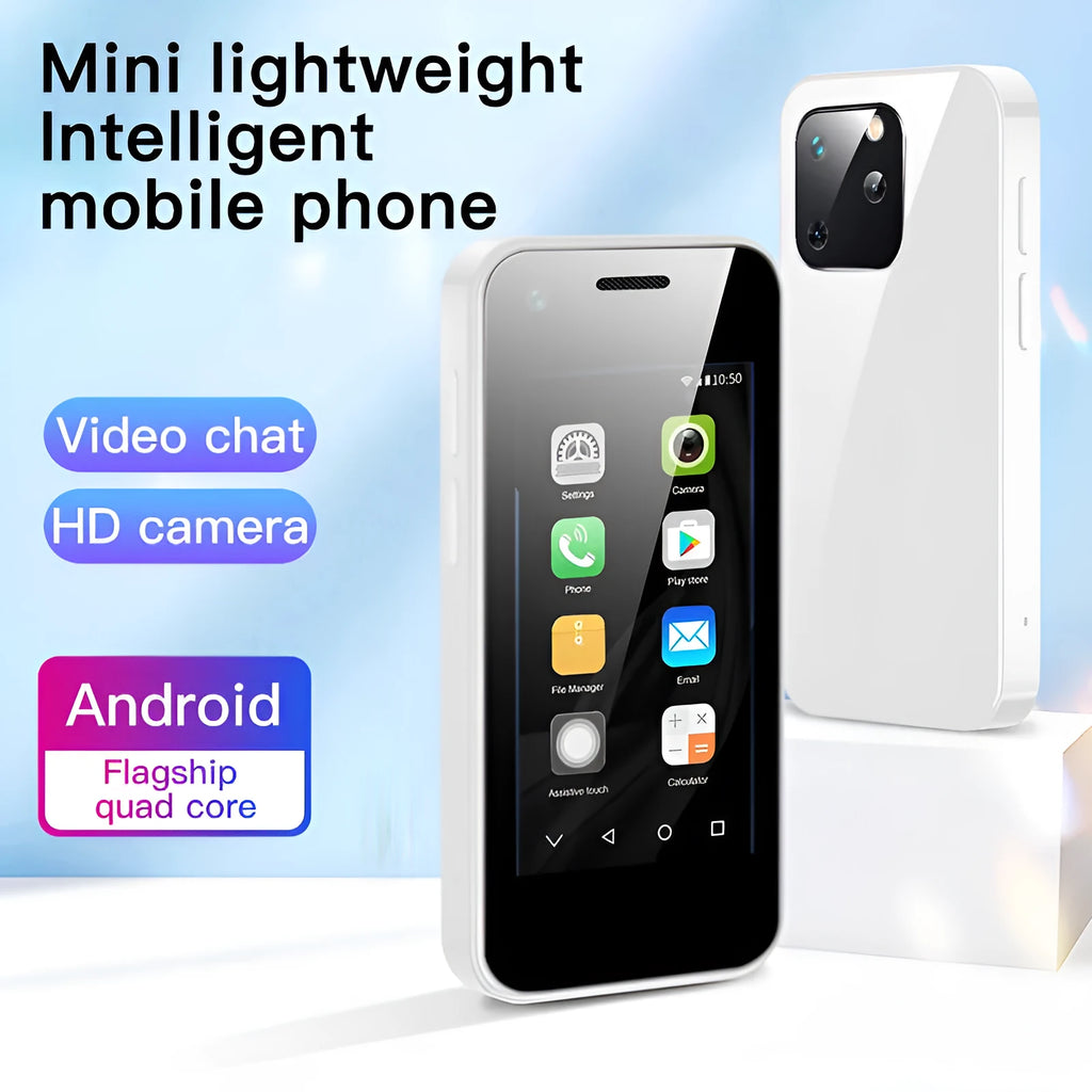 Mini Android smartphone with 2.5 inch screen shown in Phantom Night Black colour, highlighting its ultra compact size.