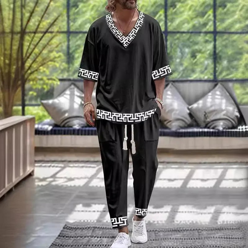 Cropped sleeves v-neck trousers suit in thin polyester fabric with coordinating jacket and trousers