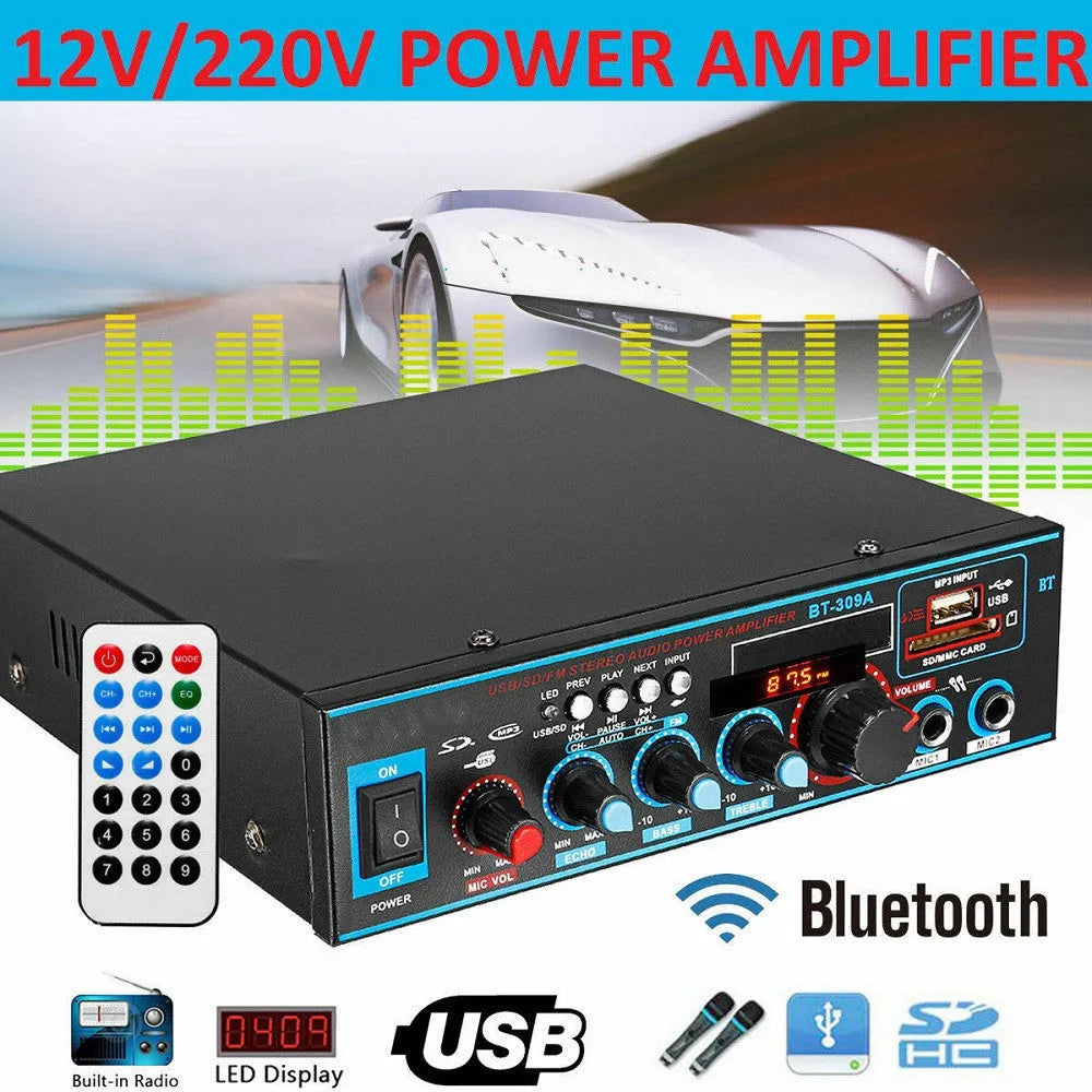 Black BT-309A-A dual-voltage stereo power amplifier with remote control for home and car audio.
