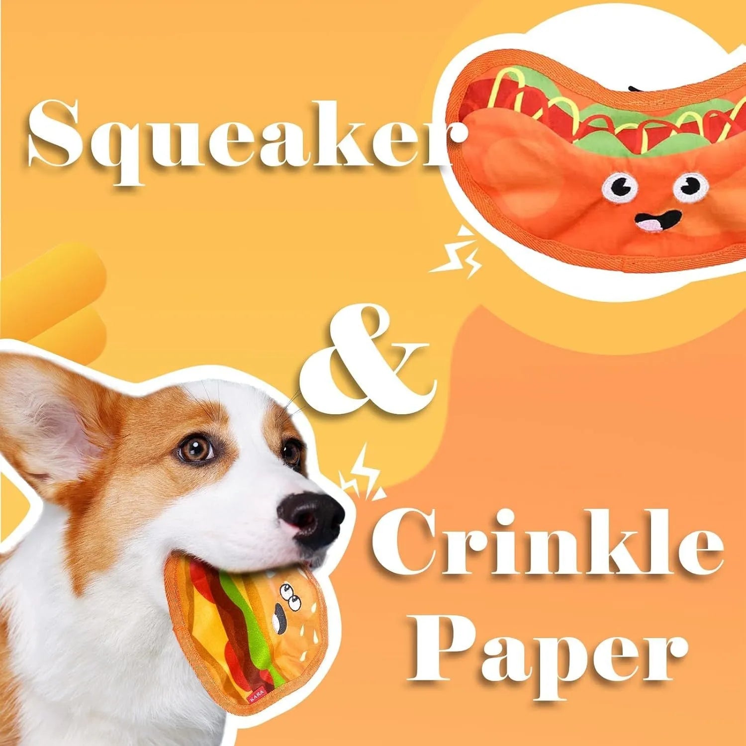 Crinkle and squeaker dog toy in hamburger shape with no stuffing