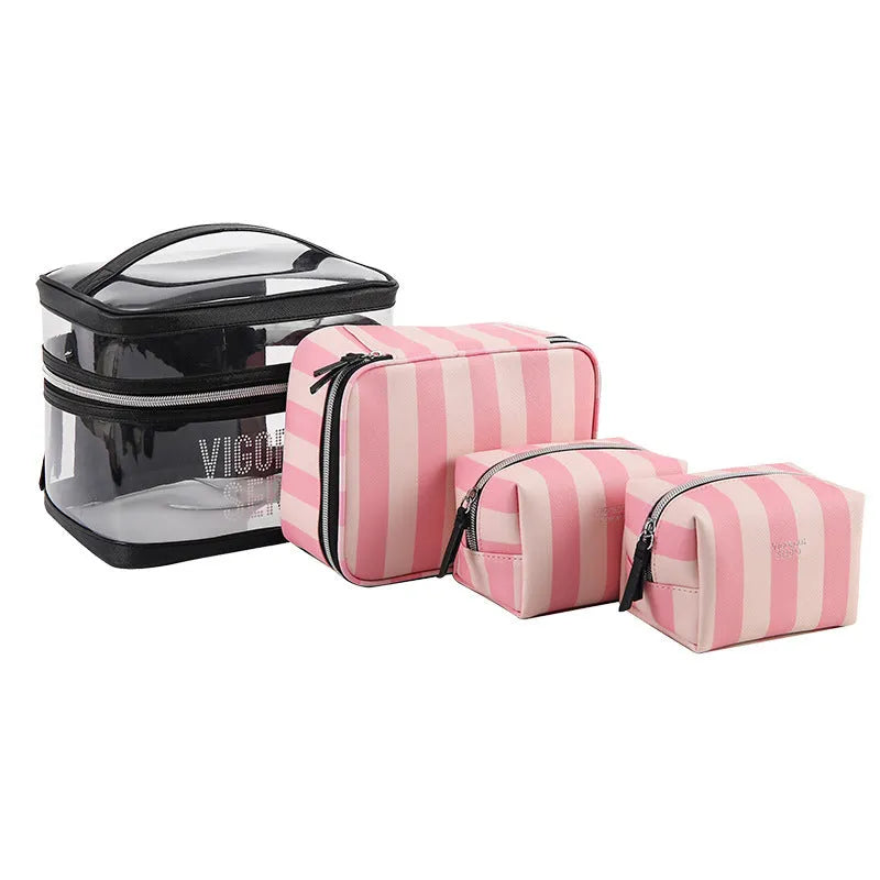 Pink bold stripes and floral pattern synthetic leather makeup buggy bag with waterproof lining.