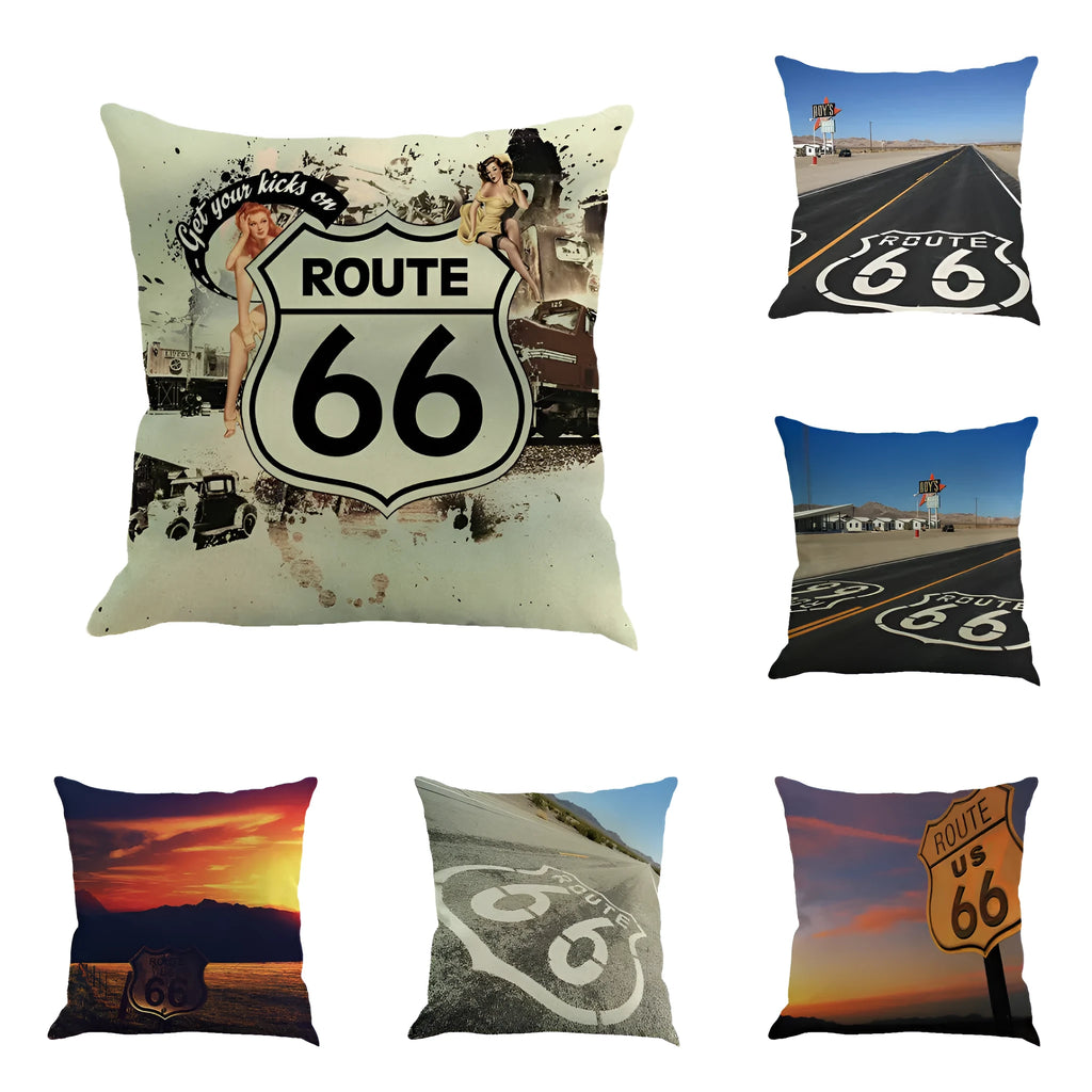 Square linen cushion cover with a US Route 66 landscape road print, shown in a selected colour.