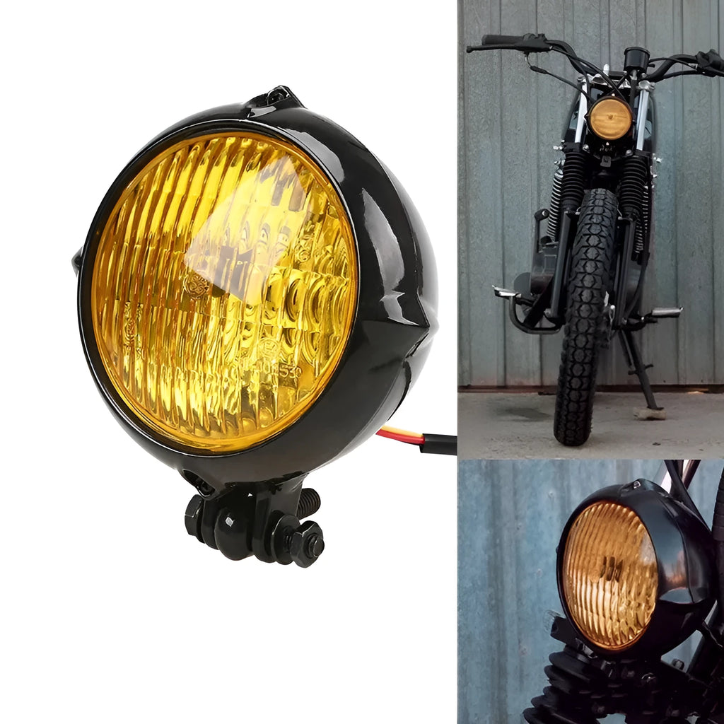 Harley Headlights aluminium halogen headlamps with black electroplated finish and yellow illumination