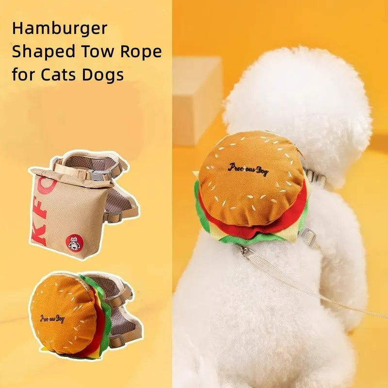 Cartoon hamburger chips design adjustable escape-proof vest leash rope for a dog.
