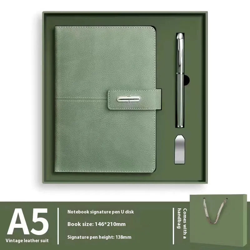 A5 notebook with PU leather cover in one of six colour options, showing wood-free paper inside.