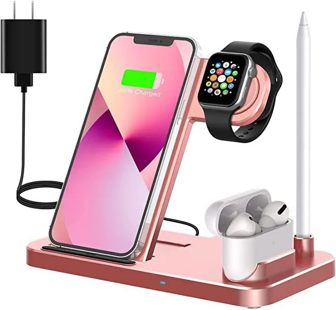 Folding 4-in-1 wireless charger showing iPhone, Apple Watch, and AirPods charging simultaneously in vertical stand orientation